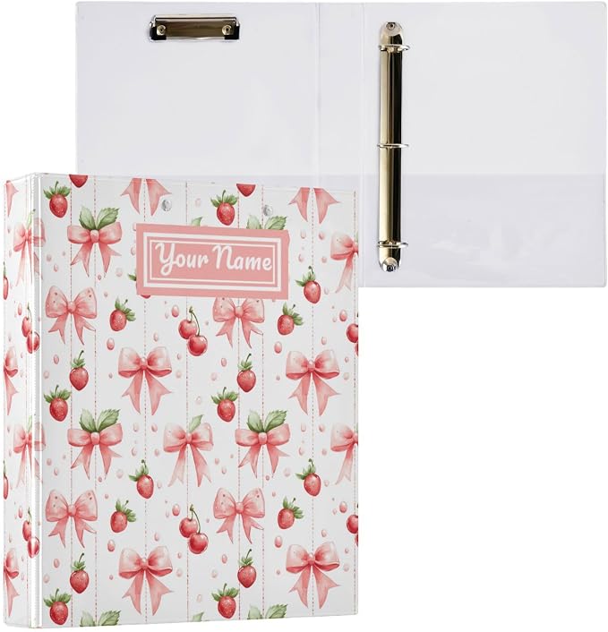 Custom Cute Bows Strawberries 3 Personalized Round Ring Binders | 1.5 Inch Binder with Clipboard, PVC Pockets, Work Organizer, Holds 200 Sheets for School Office 1 Pack
