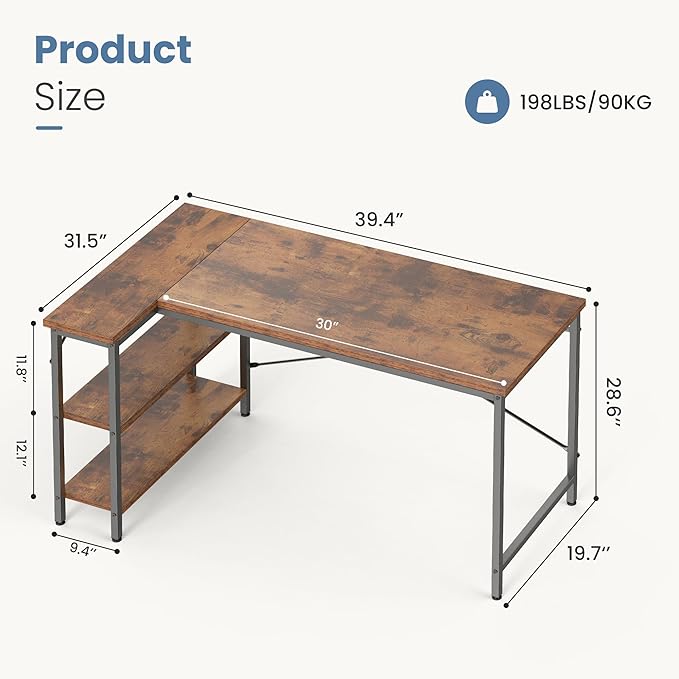 DUMOS L Shaped Desk, 39 Inch Computer Gaming Corner Desks with Shelves | Home Office PC Table, Writing Working Study Desk for Bedroom Dorm, Reversible Design, Rustic Brown