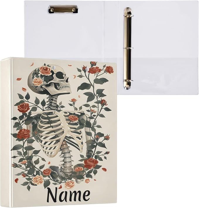 Custom 3 Ring Binder Skeleton and Roses 1.5" Round Ring Binders Personalized Name View Binder with 200 Sheet for Women Men Office Kids School Supplies, 1 Pack