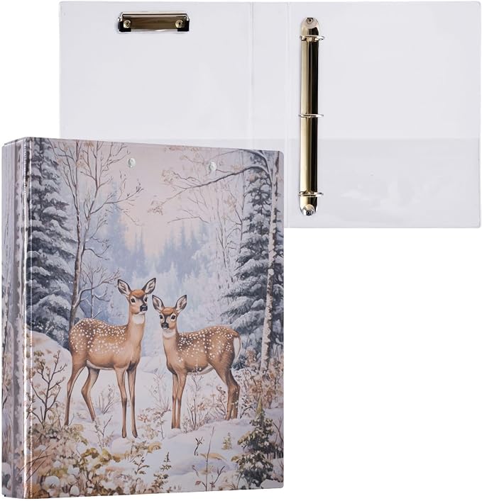 Winter Deer Pine Tree Forest 3 Ring Binder 1.5" Decorative D-Ring Binder with Clipboard&3 Clear Pockets, Holds 200 Sheets A4 Size Paper Waterproof Binders for School Home Office|2 Pack