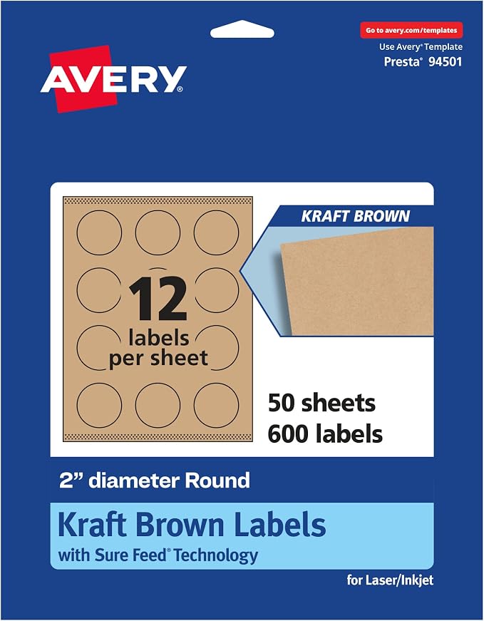 Avery® Kraft Brown Round Labels, Sure Feed® Technology, 2" Diameter, 600 Kraft Brown Labels, Print-to-The-Edge, Laser/Inkjet Printable