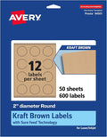 Avery® Kraft Brown Round Labels, Sure Feed® Technology, 2" Diameter, 600 Kraft Brown Labels, Print-to-The-Edge, Laser/Inkjet Printable