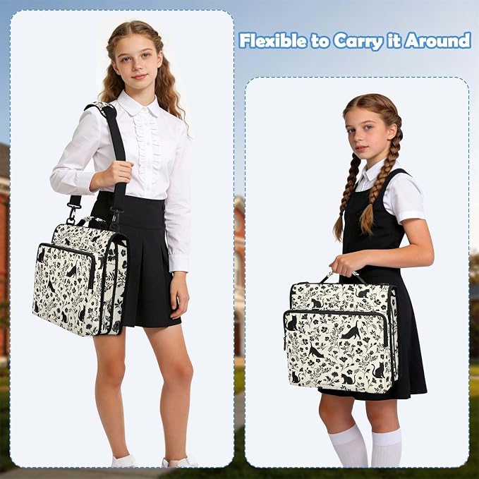 Flowers Cat Print Zipper Binder File Organizer Bag 3 D-Ring | with Shoulder Strap, Holds 500 Sheets & 14in Laptop, 3 Ring Binder for Office Supplies