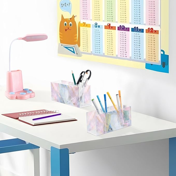 Colorful Tie Dye Acrylic Printed Pen Holder 4 Compartments, Acrylic Plastic Pen Holder Cosmetic Brush Holder Desk Pen Holder Marker Organizer Square Acrylic Pen Holder 4 Compartments
