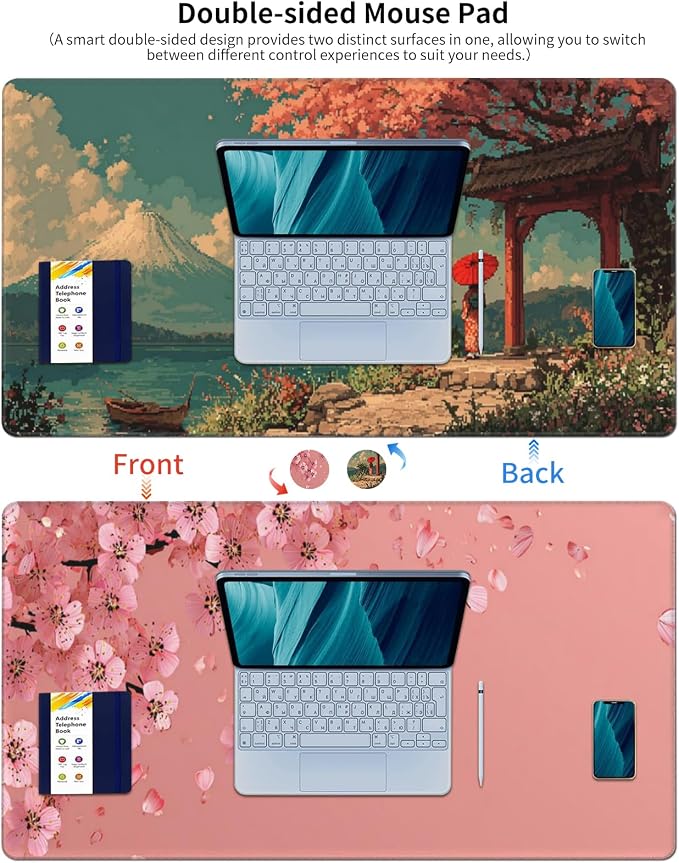 31.5x15.7 Inch Cherry Blossom Japanese Mouse Pad, Large Extended Desk Mat | Pink Double-Sided Design with Stitched Edges, Waterproof Non-Slip Keyboard Mouse Pad for Gaming, Office & Laptop Setup