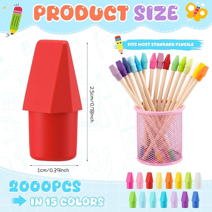 2000 Pcs Pencil Top Erasers Bulk 15 Assorted Colors Pencil Cap Erasers Pencils Eraser Toppers for Writing, Home Office Supplies, Party Favor Bags, Game Prize Giveaways