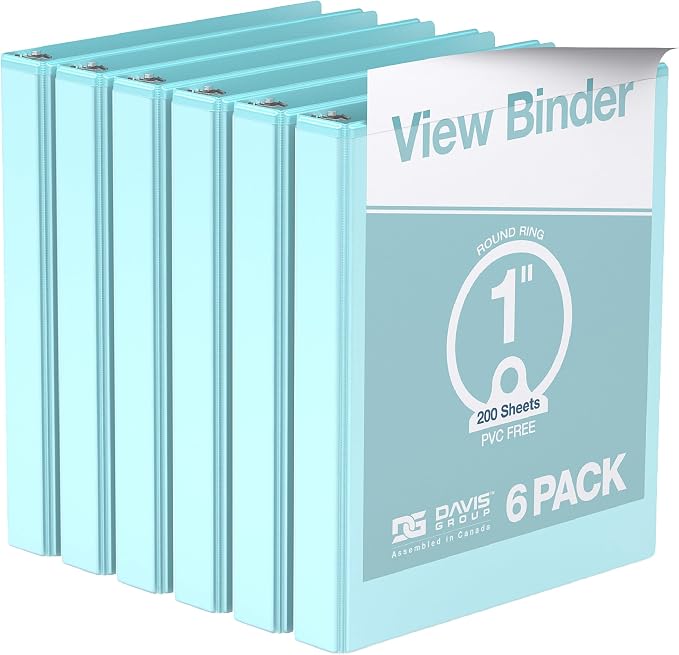 Pack of 6 Premium View Binders, Ring Binders with Clear-View Cover and Interior Pockets, Pastel Color Options, 1 Inch, Aqua