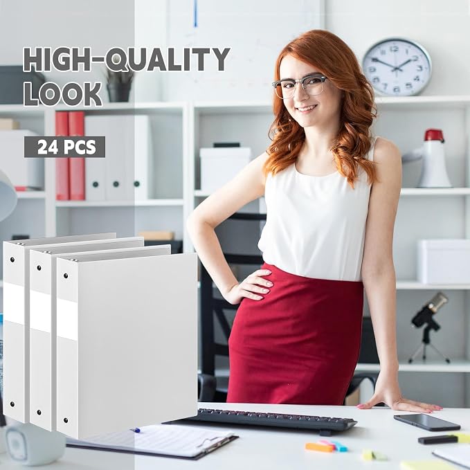 Henoyso 24 Pcs 1.5 Inch 3 Ring Binders, Letter Size,White | Binders Bulk, Holds 350 Sheets, Round Rings, Durable Flexible PP Plastic Covers, Pockets Labels, School Office Supplies