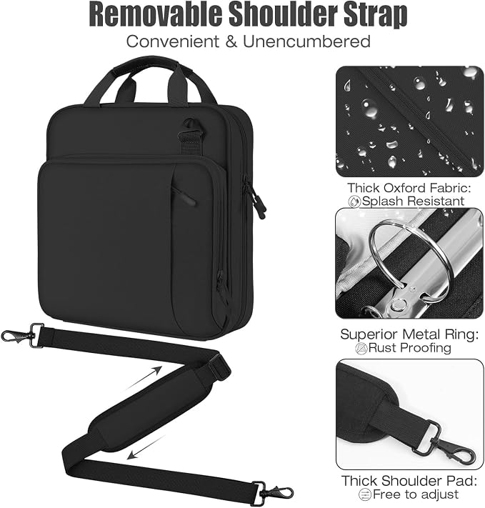 MoKo Zipper Binder, 2 Inch 3 O Ring, 5 Tab File Folders, 500 Sheets, Black | Water-repellent 900D Oxford with five file pockets, two mesh pockets, a handle and padded shoulder strap.
