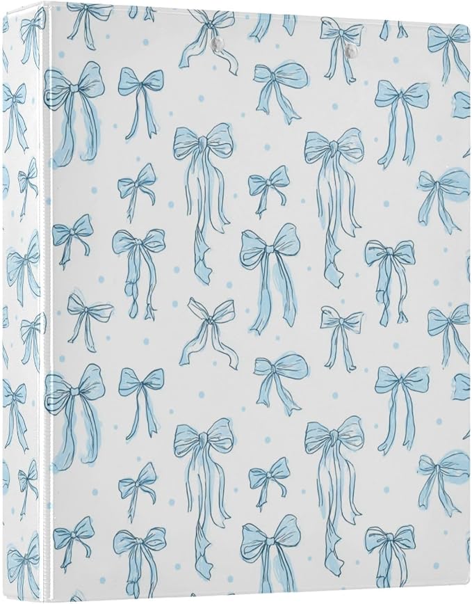 Aslsiy Doodle Bow Knots Blue 3 Ring Binder 1.5 Inch Coquette Round Clipboard Binder Decorative Harcover Binders Organizer for Office Supplies
