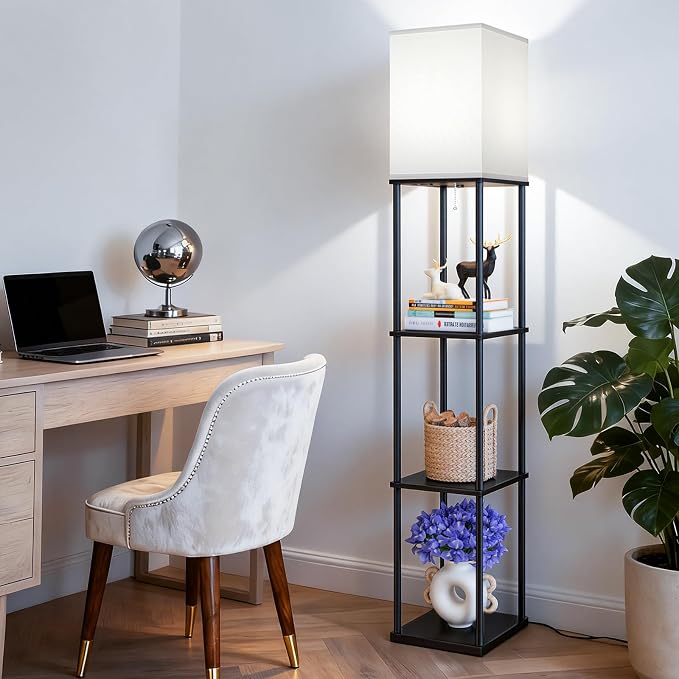 Floor Lamp with Shelves, 3-Tier Modern Square Bookshelf Standing Lamp Black | 3 Color Temperature Bulb Included, Pull Chain Tall Lamp for Living Room Bedroom Corner Office Apartment Decor