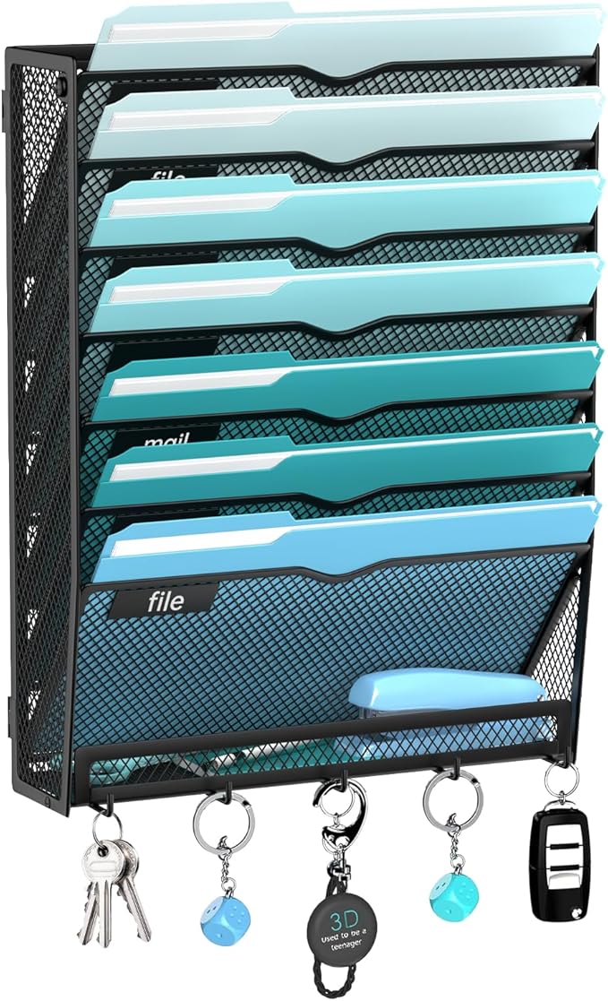 8-Tier Wall File Organizer and Mail Organizer with 5 Hooks, Black | Label slots, curved openings, 5 key hooks, and a bottom tray support organized mail, file, and everyday item storage.