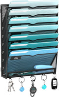 8-Tier Wall File Organizer and Mail Organizer with 5 Hooks, Black | Label slots, curved openings, 5 key hooks, and a bottom tray support organized mail, file, and everyday item storage.