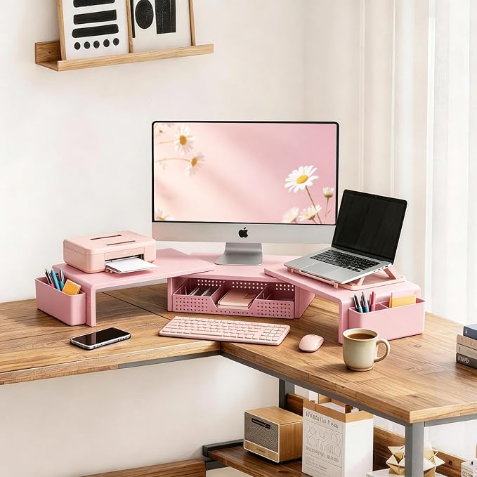 LEKETREE Dual Monitor Stand Riser with Drawer, Desk Organizer and Accessories, Monitor Stand for Desk, Desktop Stand for Computer, Laptop, TV and More (Pink)