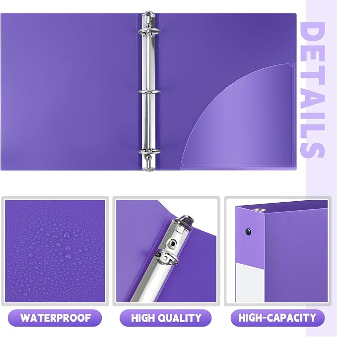 Henoyso 24 Pcs 1.5 Inch 3 Ring Binders, Letter Size,Purple | Binders Bulk, Holds 350 Sheets, Round Rings, Durable Flexible PP Plastic Covers, Pockets Labels, School Office Supplies
