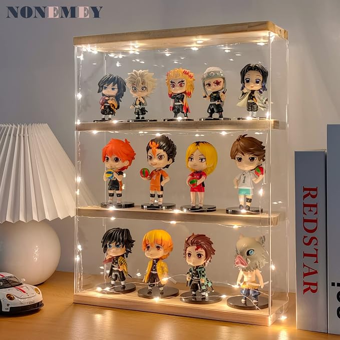 NONEMEY Clear Acrylic Display Case Stand with Wood Base 3 Tier Storage Box Wall Mount Showcase Dustproof Organizer Box for Collectibles (3Tier 12×3.3×15inch)