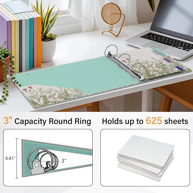 3 Ring Binder 3 Inch Round Ring Binder with 6 Tab Dividers，2 Interior Pockets，Cute Binder Clipboard with Storage, for School Office, Portfolio Organizer with Labels(Garden Flowers)