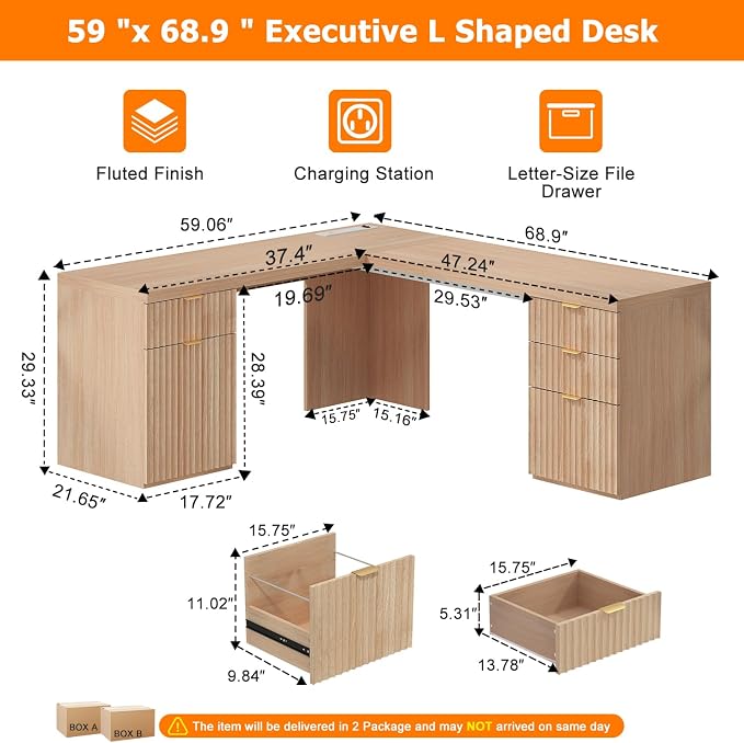69" Fluted L Shaped Executive Desk with Power Outlets & File Drawer, Modern Wood L Shaped Office Desk with Storage Cabinet and Drawers, Large Corner Desk Computer Writing Desk for Home, Natural Oak