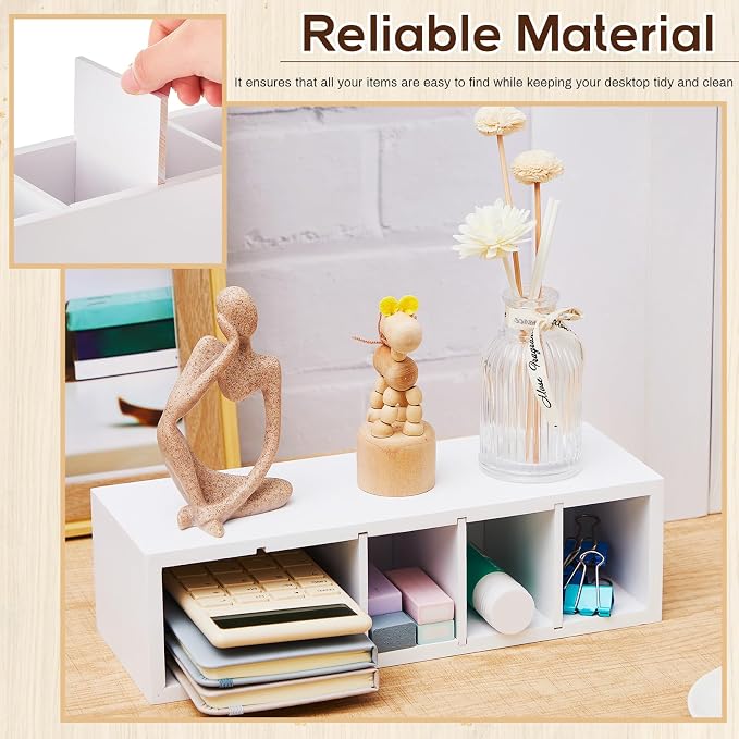 Jetec Wooden Pencil Pen Holder for Desk 5 Compartments Cosmetic Makeup Brush Stationery Office Desktop Organizers for Countertop Adjustable Silverware Caddy for Party, Art Supplies,Home(White)