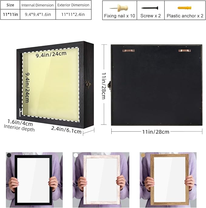TJ.MOREE Shadow Box 11x11 Memory Display Case Wooden Picture Frame Black | Fits 9.4x9.4 Inserts with Linen Back Rustic Keepsake Box with Glass for Pet Memorabilia Gifts Wedding Bouquet Military Medals