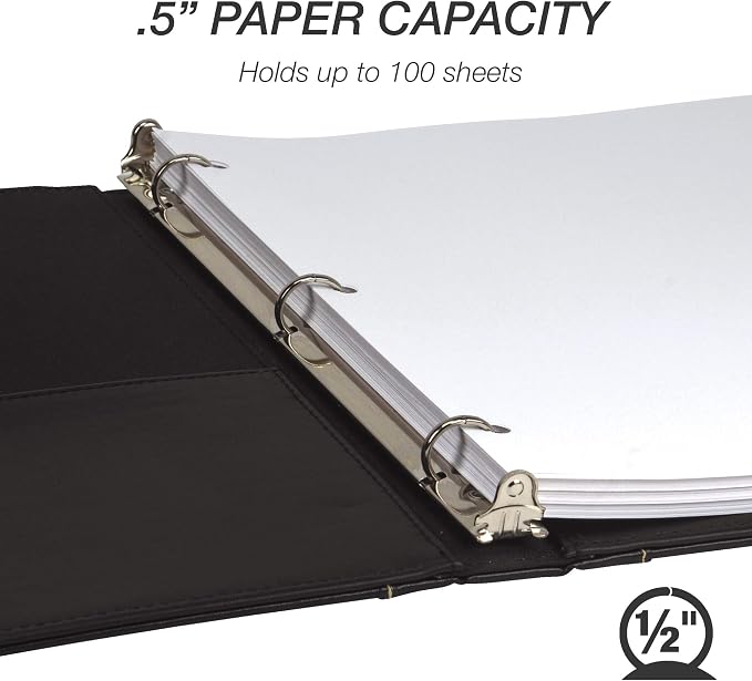 Samsill 0.5 Inch 3 Ring Binder, Leather, Black with Contrast Stitching, 8.5X 11 Inch, 3 Rings, Notebook Binder, Portfolio Organizer, Planner, Journal