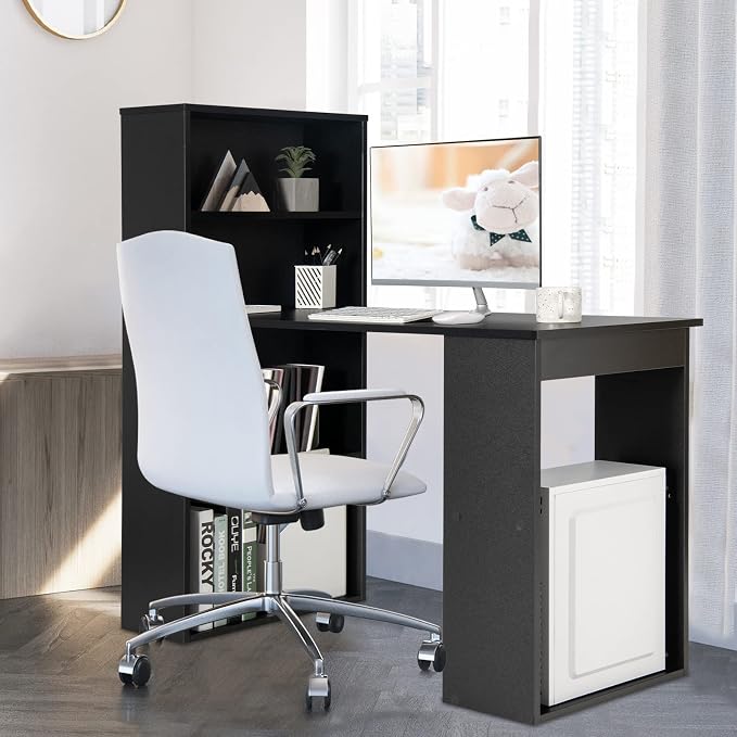 COSTWAY Computer Desk with Shelves, 48” Study Writing Desk with 6-Tier Storage Shelves, Reversible Study Workstation w/Wide Base for Home, Office & Dorm, Easy Assembly