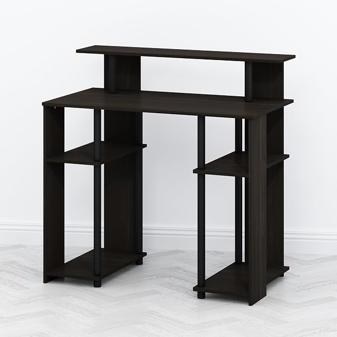 Furinno TOMI Desk, 35.3" Wide Gaming Desk with Hutch and Storage Shelves, with Monitor Stand, for Computer, Laptop, Writing, Office, Living Room, Bedroom, Walnut
