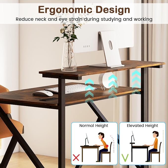 Giantex Rolling Small Desk with Storage, Compact Computer Desk for Small Spaces with Charging Station, Monitor Stand, Lockable Wheels, Study Writing Desk for Home Office, Bedroom (Rustic Brown)