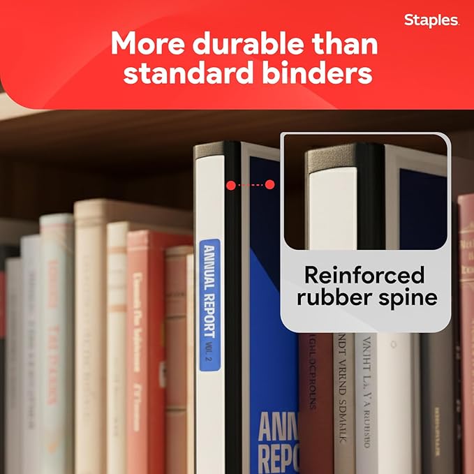 Staples Heavy-Duty 1-Inch D-Ring View Binder, White, 275 Sheets | Clear overlay cover for school and office document organization.