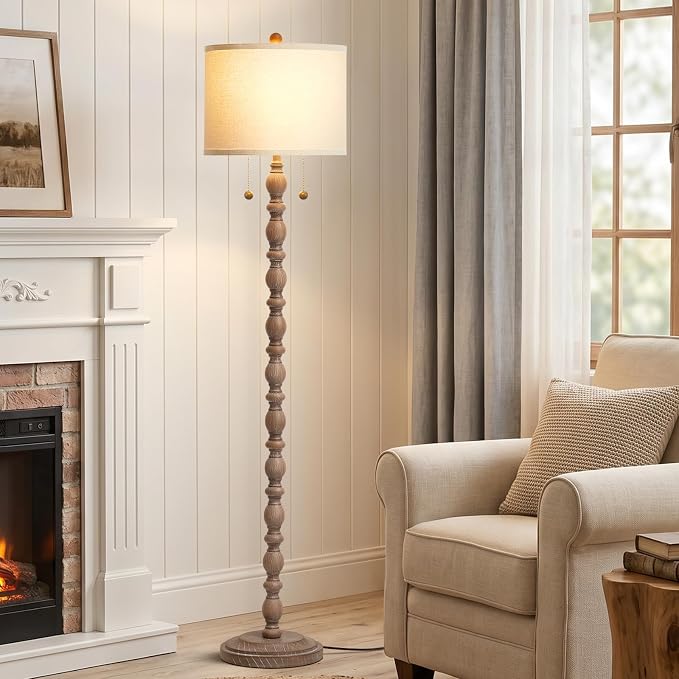 Luvkczc Farmhouse Floor Lamp for Living Room Bedroom, 62" Tall Standing Lamp with Dual Pull Chains, Vintage Resin Floor Lamp with 9W LED Bulb, Easy Assembly