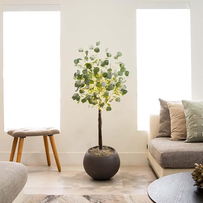 Nearly Natural 4-FT Lighted Artificial Eucalyptus Tree, Faux Eucalyptus Tree in Green for Home & Office Décor with Square Base Stand, 240 Warm White LED Lights