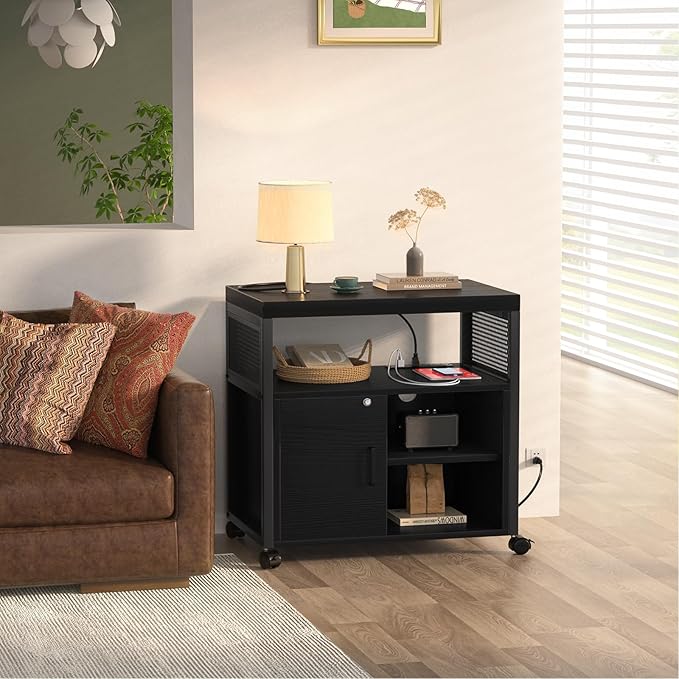 Unikito Lateral File Cabinet, Locking Office Printer Stand with Sockets and USB Charging Ports, Modern Rolling Printer Desk with Storage for A4, Letter Size and File Folders, Black