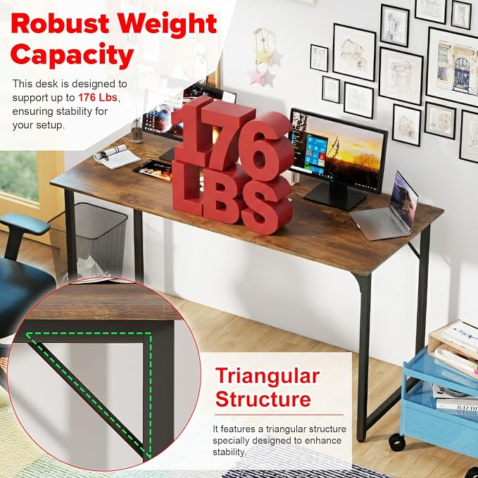 PayLessHere | 55 Inch Computer Desk | Vintage | Office Desk with Metal Frame, Adjustable Feet | Water-Resistant, Scratchproof Surface | Sturdy Writing Table for Home Office or Study | Pack of 1