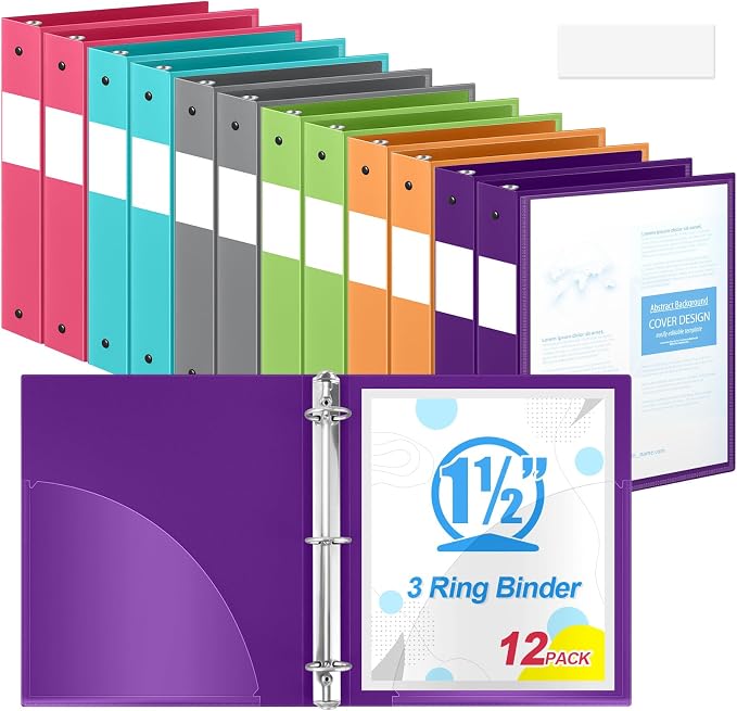 Henoyso 1.5 Inch 3 Ring Binders with Clear Front Cover and 2 Pockets, Round Ring Binders Fits 8.5'' x 11'' Letter Size Paper for School Office Supplies, 12 Pack (Assorted Stylish Color)
