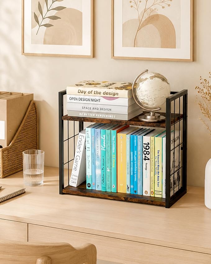 2-Tier Desktop Bookshelf, Desk Shelf Organizer, Rustic Brown | Adjustable Height & 3 Assembly Options, 4 Removable Hooks Provide Extra Storage for Supplies, Books & Home Decor