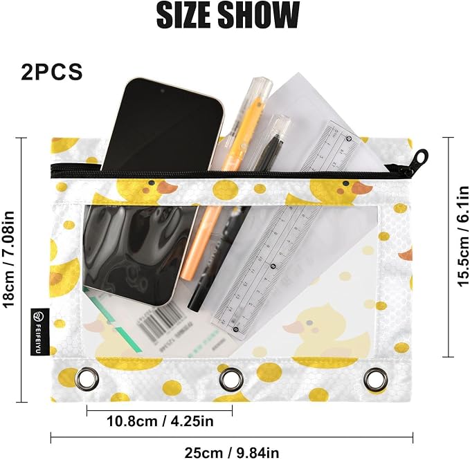 Cute Yellow Ducks Pencil Pouch for 3 Ring Binder, 2 Pack Waterproof Pencil Bags Clear Window Pencil Case Zipper School Office Supplies