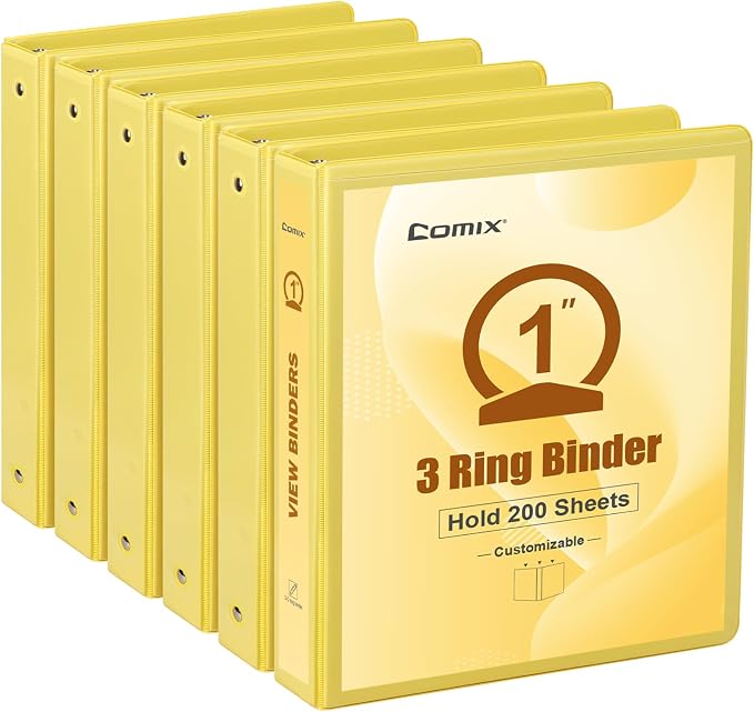 COMIX Sturdy Standard 1 Inch 3 Ring Binder with Clear View Cover | 1"Round Ring,PVC-Free Board,Holds 200 Letter Sheets,Morandi Multicolor for Students & Office,6 Pack (Lemon Yellow)