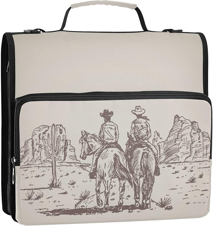 Western Desert Cowboy Binder Bag 3 Ring Zipper with Handle Shoulder Strap