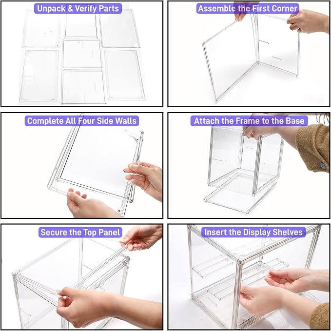 2 Pack Clear Acrylic Display Case, 3 Tier Small Adjustable Display Box, Collectible Showcase with Magnetic Door, Figure Storage Shelf, Stackable Purse Organizer for Closet, Book, Cosmetic