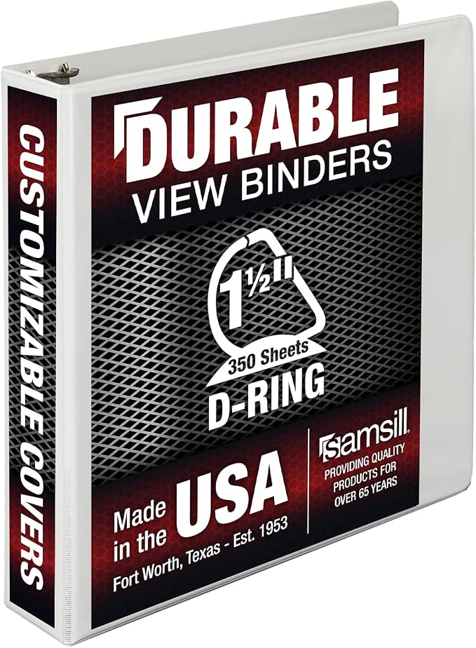 Samsill Durable 1.5 inch 3 Ring Binder, Made in USA, D Ring Binder, 100% Recycled Chipboard, White, Pallet of 480 Binders in 40 Cartons