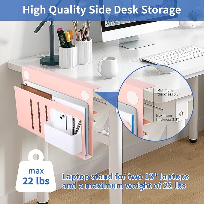 LUKETURE Desk Side Storage Laptop Holder No Drill Clamp On Organizer | Steel Side Desk Organizer, Clamp on Laptop Mount with Pen Holder, Hanging Storage for Home Office, Fits 0.3" to 2.8"