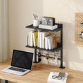 MAHANCRIS Clamp on Desk Shelf, 2 Tier Desk Storage Organizer, Desktop Bookshelf with Hooks and Divider, Desk Accessories for Study and Gaming Room, Black DSBK4501