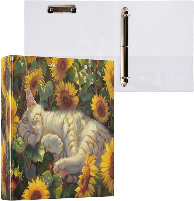 3 Ring Binder Cat in Sunflowers Field 1.5" Round Ring Binders View Binder with 200 Sheet for Women Men Office Kids School Supplies, 1 Pack