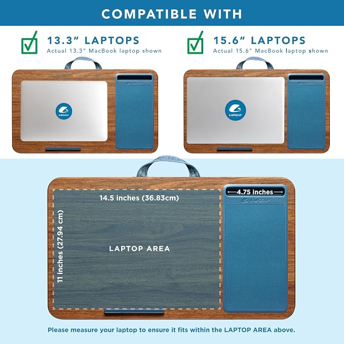 LAPGEAR Home Office Lap Desk – Espresso Blue, Fits 15.6” Laptops