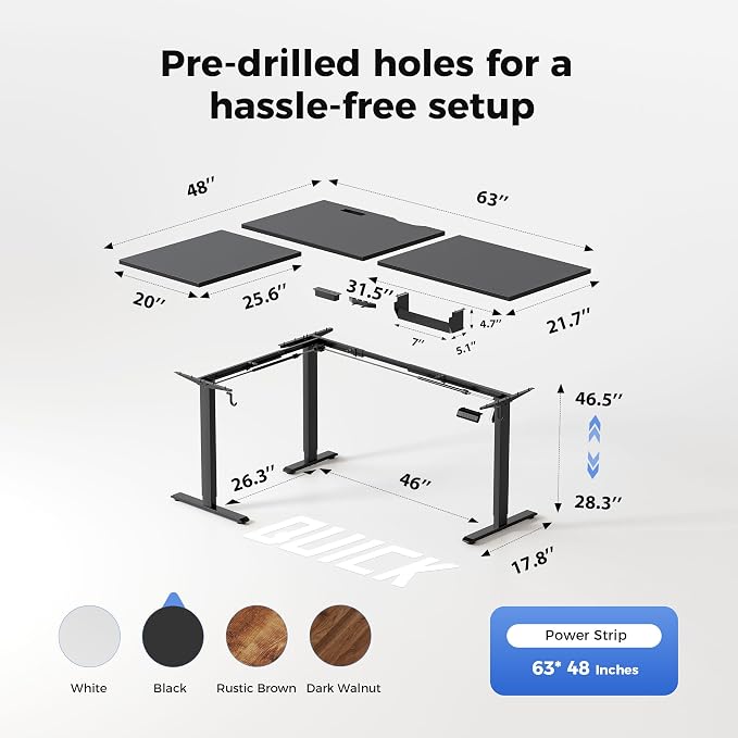 Agilestic 63 x 48 Inch L Shaped Standing Desk with Powerstrip, Black | Outlets, Cable Management, Corner Desk, Ample Workspace, Memory Presets, Hooks, Stable Steel Frame,176 lbs, Splice Board