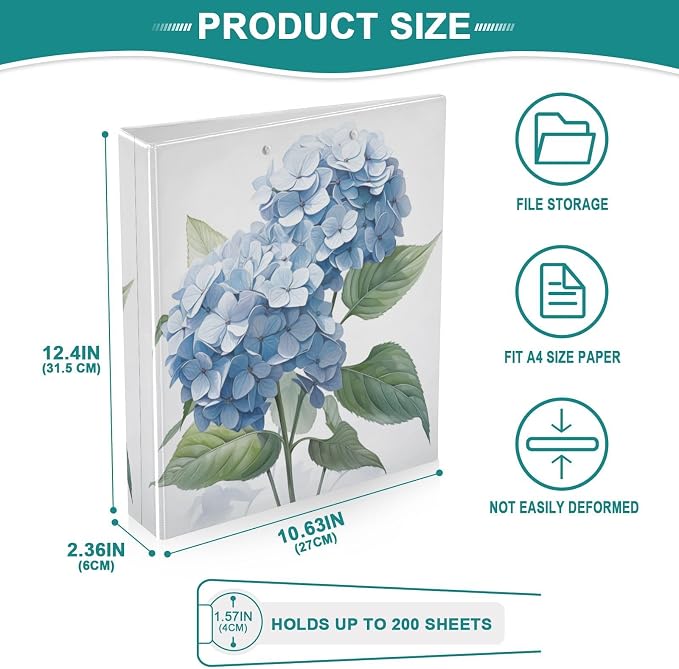 3 Ring Binder Blue Hydrangeas Flower 1.5" Round Ring Binders View Binder with 200 Sheet for Women Men Office Kids School Supplies, 1 Pack