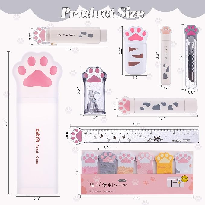 9 Pcs Cute Cat Paw Stationery Set Kawaii School Supplies Including Pencil Sharpener Retractable Eraser Correction Tape Sticky Notes Ruler Mini Scissors Utility Knife for Cat Lovers Students (White)