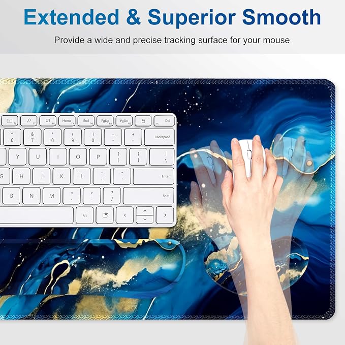 Desk Mat Pad, Gaming Mouse Pad Wrist Support Set, 4 in1 Non-Slip XXL Large Mousepad + Ergonomic Keyboard Wrist Rest+Mouse Wrist Rest+Coaster for Home Office Computer I Blue Gold Marble