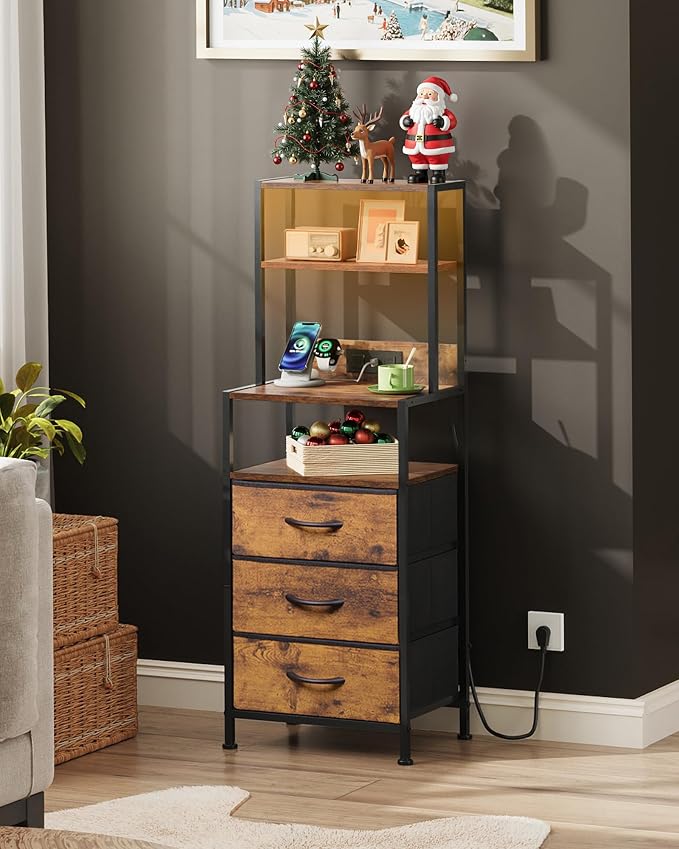 WLIVE Tall Nightstand with 3 Fabric Drawers, Night Stand with Charger Station and Open Shelves, LED Nightstand, Bed Side Table for Bedroom, Living Room, Rustic Brown