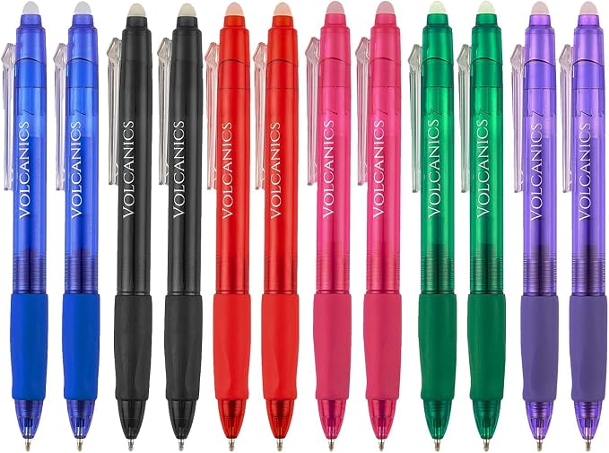 Volcanics Clicker Erasable Gel Pens, 12 Pack, 6 Colors